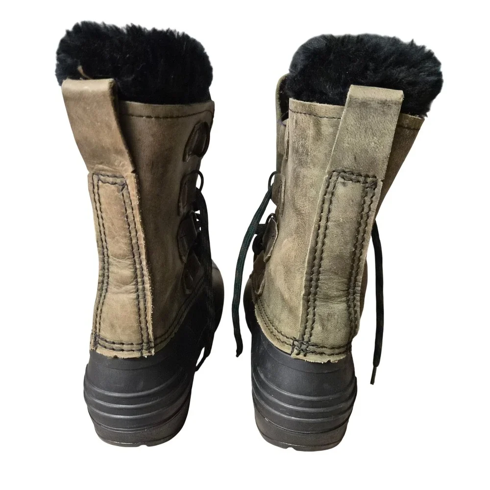 Vintage Sorel Badger Women 6 Olive Green Black Leather Faux Fur Duck Boot Canada